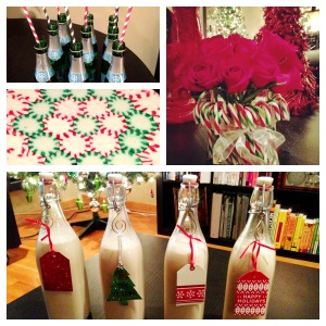 Mini Champagne Bottles with fun straws, Peppermint plate (so easy to do!), Candy Cane Roses, and Homemade Irish Cream (thanks to the help of my wonderful sister...and our family friend's secret recipe!)